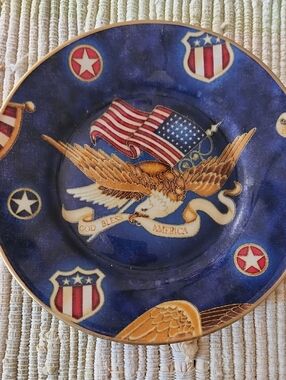 Patriotic Eagle Decorative Plate with American Flag  Blue & Gold